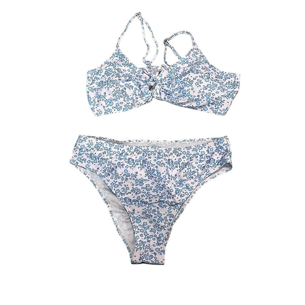 Girls' 2 Piece Ditsy Floral Print Knot Front Ruched Triangle Bikini Swimsuit